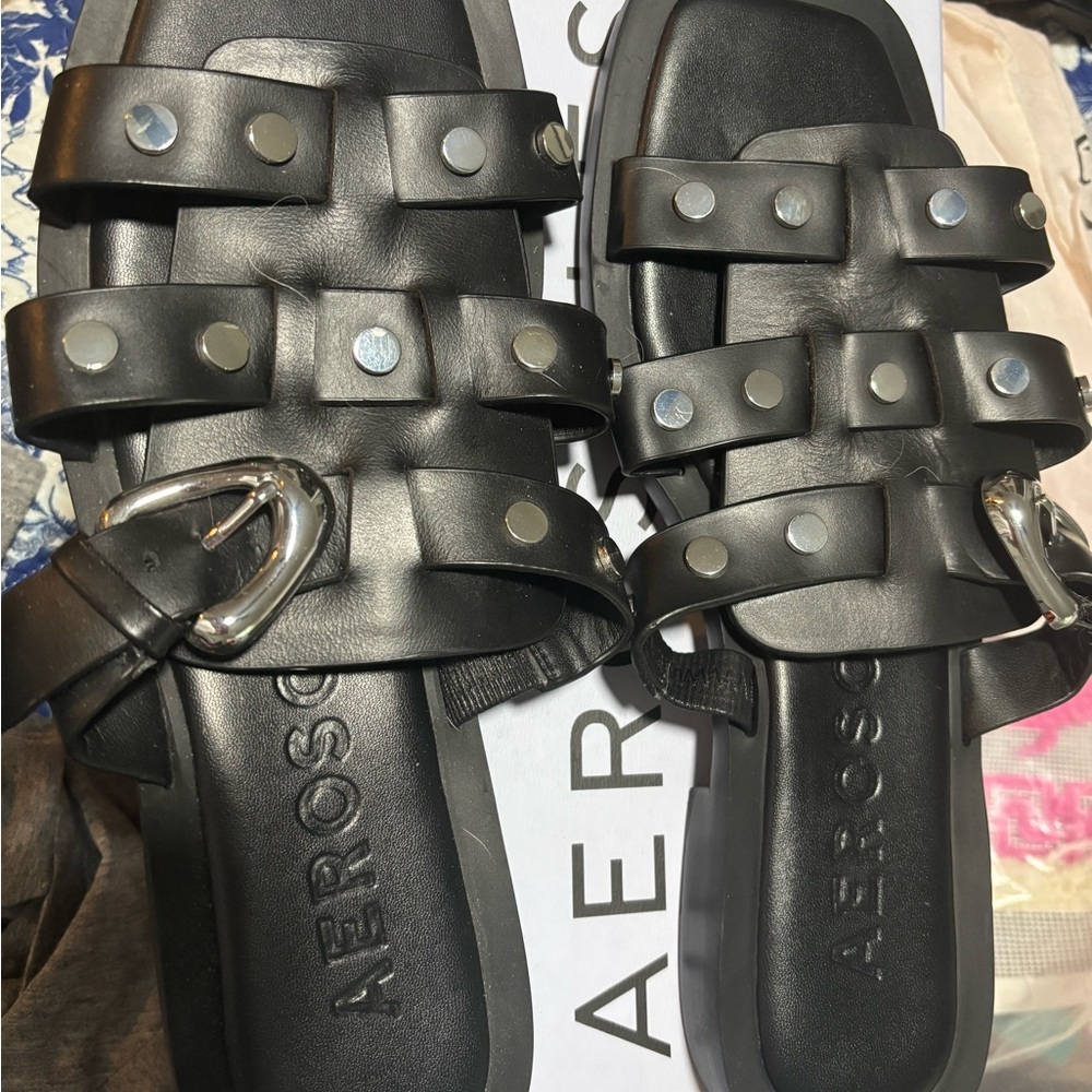 AEROSOLES Black Leather Studded Sandals
